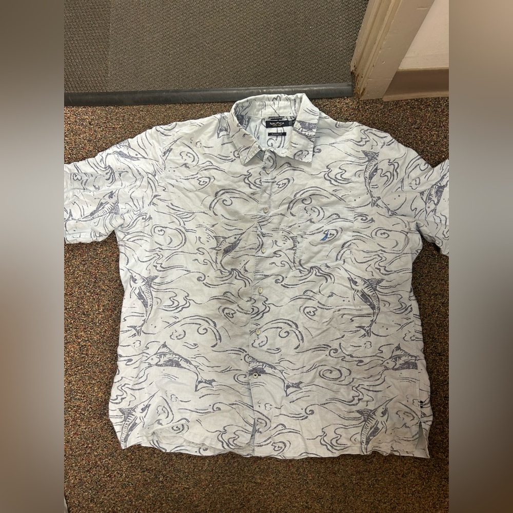 Nautica Men's Fish Patterned Shirt in White and Blue